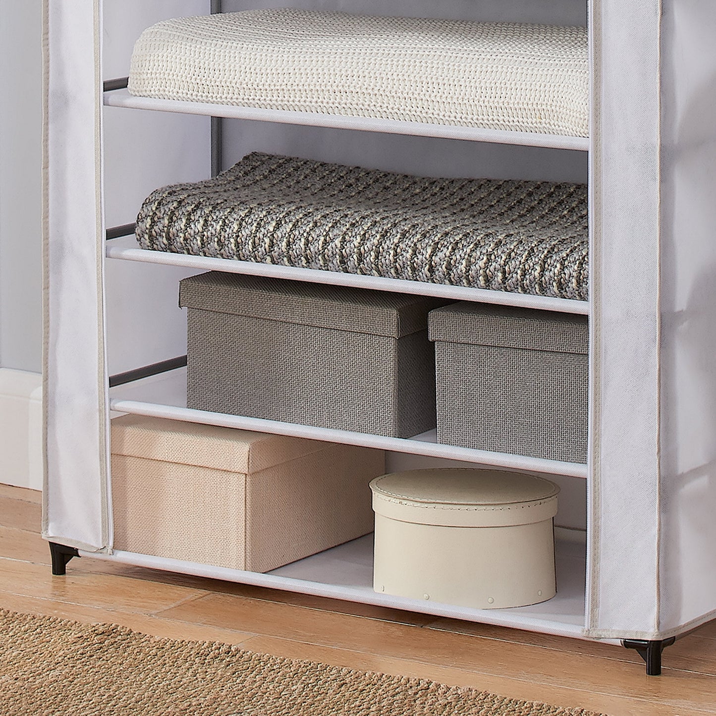 (4 Pack)  10 Shelf Organizer Shoe Rack with Cover to Hold 30 Pair Shoes, 31.5 in W X 13.46 in D X 69.09 in H, White