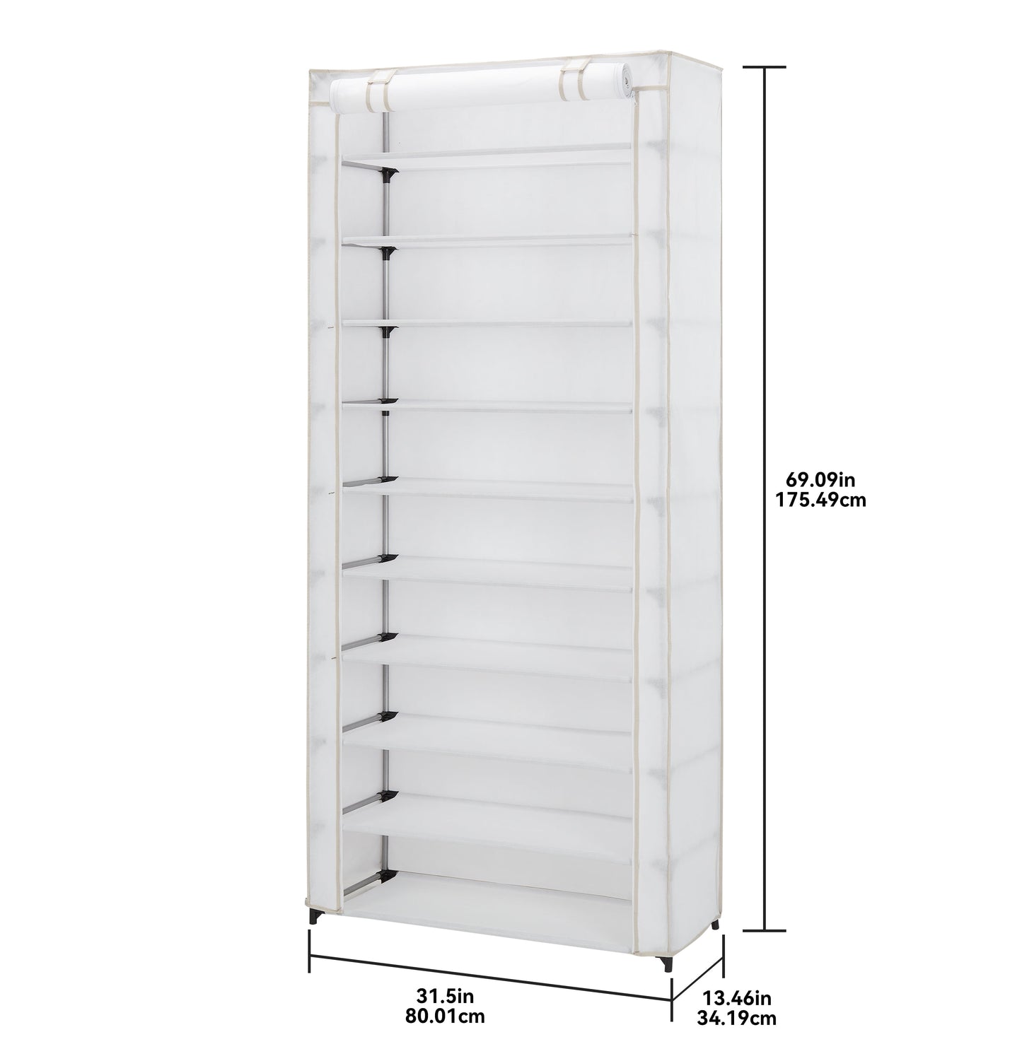 (4 Pack)  10 Shelf Organizer Shoe Rack with Cover to Hold 30 Pair Shoes, 31.5 in W X 13.46 in D X 69.09 in H, White