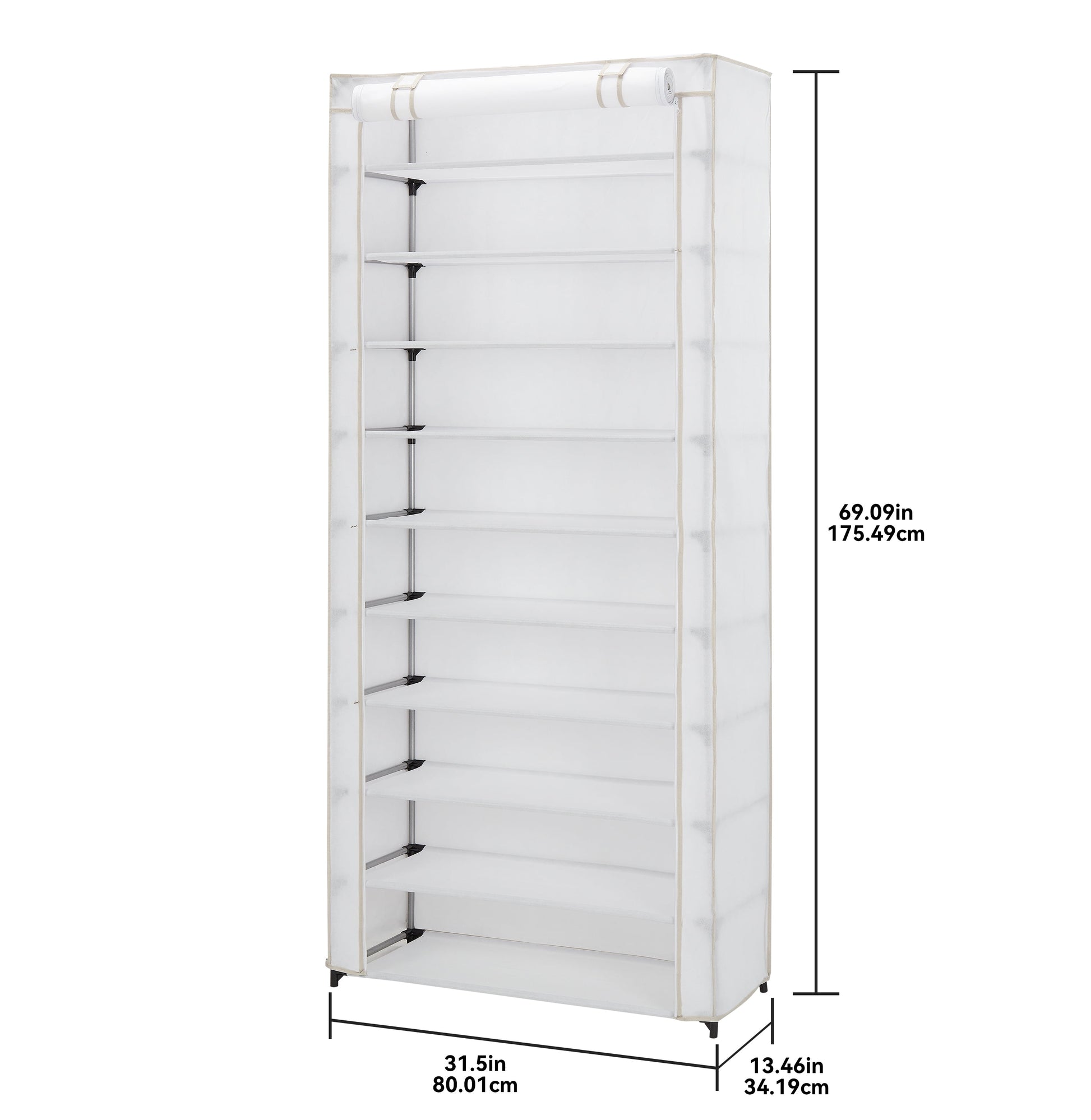 (4 Pack)  10 Shelf Organizer Shoe Rack with Cover to Hold 30 Pair Shoes, 31.5 in W X 13.46 in D X 69.09 in H, White