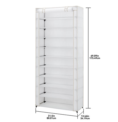(4 Pack)  10 Shelf Organizer Shoe Rack with Cover to Hold 30 Pair Shoes, 31.5 in W X 13.46 in D X 69.09 in H, White