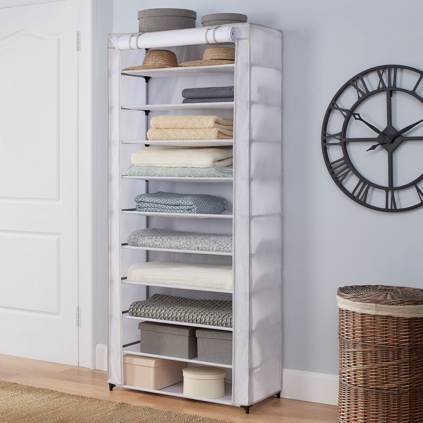 (4 Pack)  10 Shelf Organizer Shoe Rack with Cover to Hold 30 Pair Shoes, 31.5 in W X 13.46 in D X 69.09 in H, White