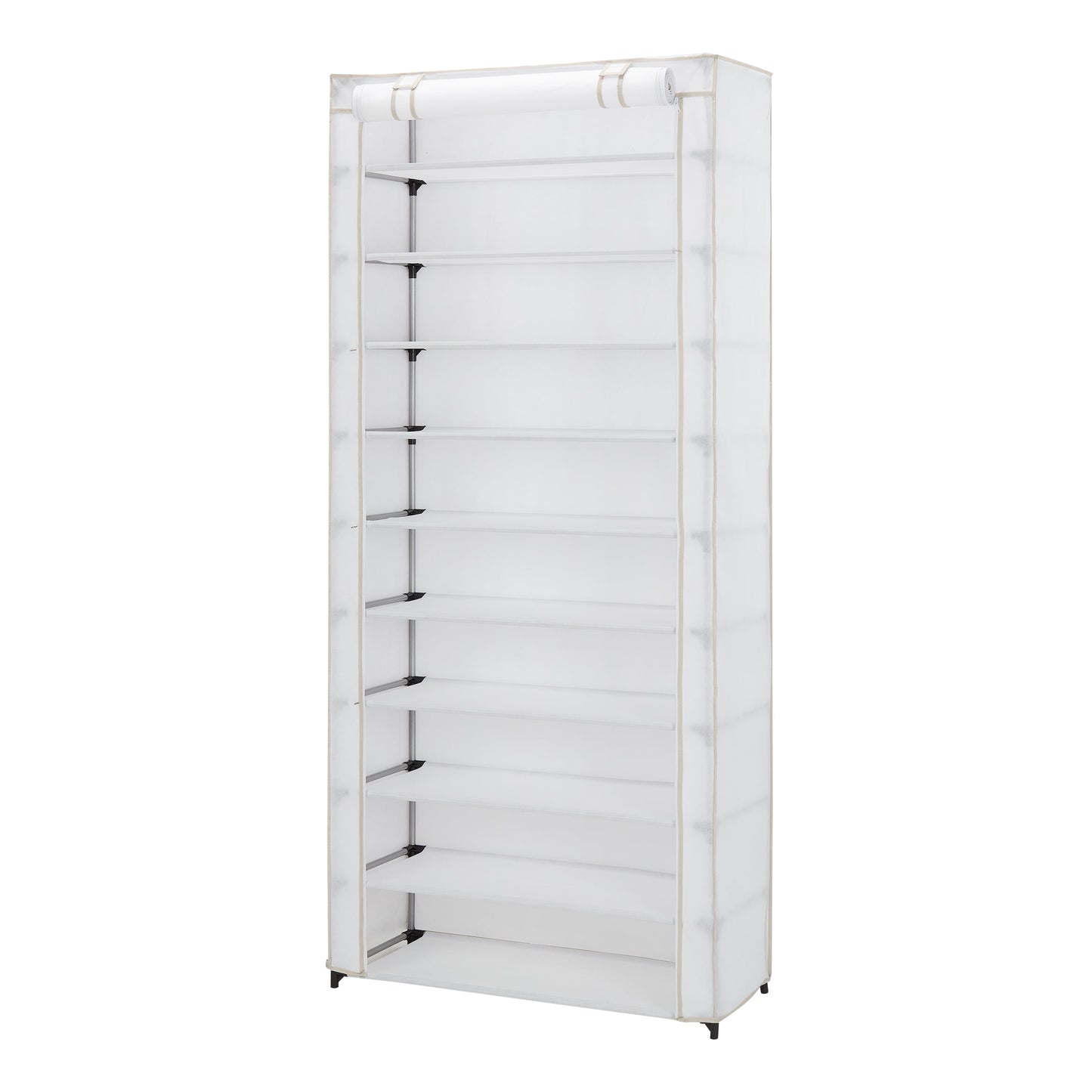 (4 Pack)  10 Shelf Organizer Shoe Rack with Cover to Hold 30 Pair Shoes, 31.5 in W X 13.46 in D X 69.09 in H, White